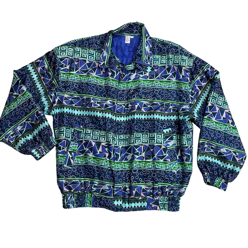 Fuda International Medium 100% Silk Full Zip Geometric Print Lined 100% Nylon